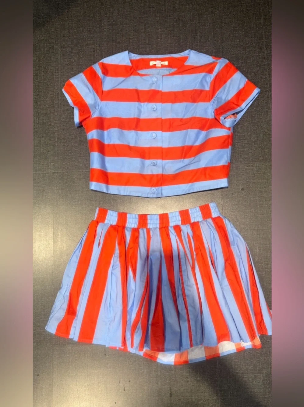Line & Dot Striped Blue and Red Crop  Top (XS) Skirt (S) Set size S  Preloved
